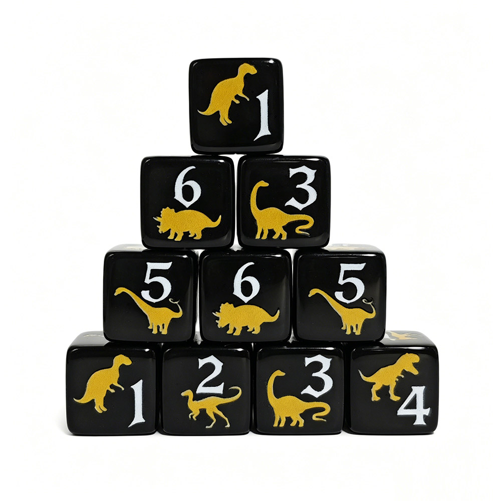 Board Game Print - 12 dados acrílicos de dinosaurio negros